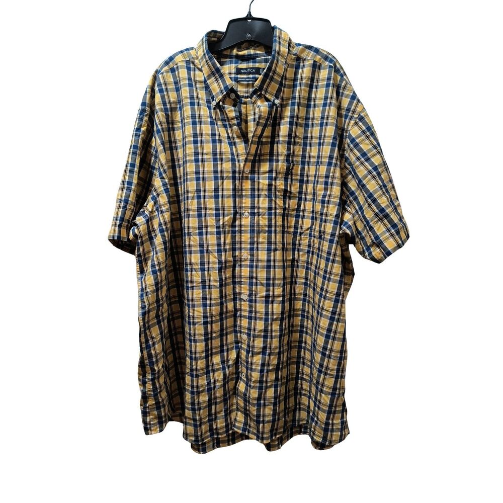Nautica Short Sleeve Button Down Plaid Shirt Men 4X Yellow Navy Wrinkle Resist